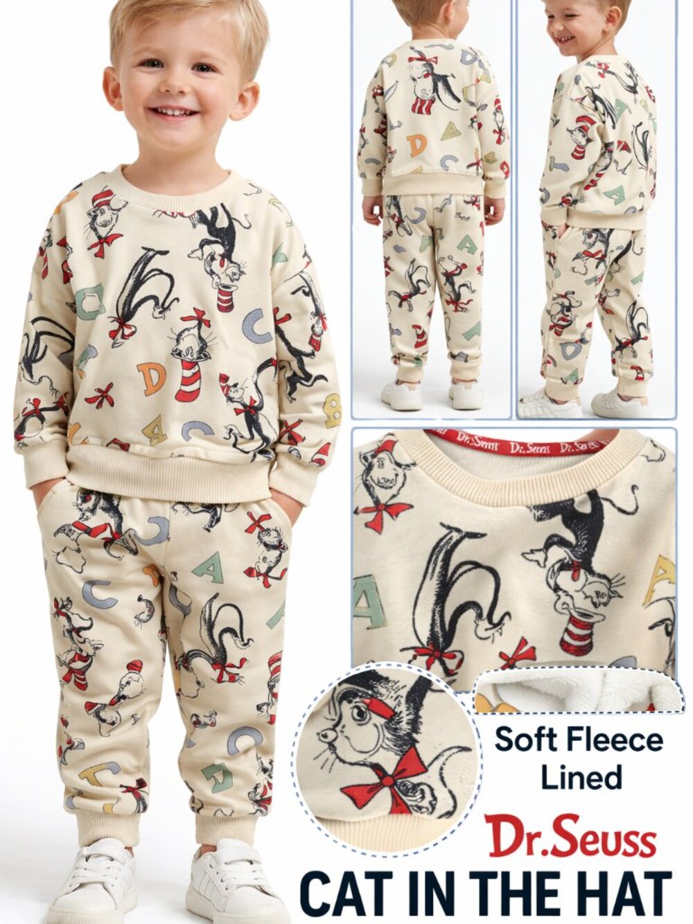 Dr Seuss Cat in the Hat Toddler 2PC Set Sweatshirt Pants 3T Fleece Outfit Cream